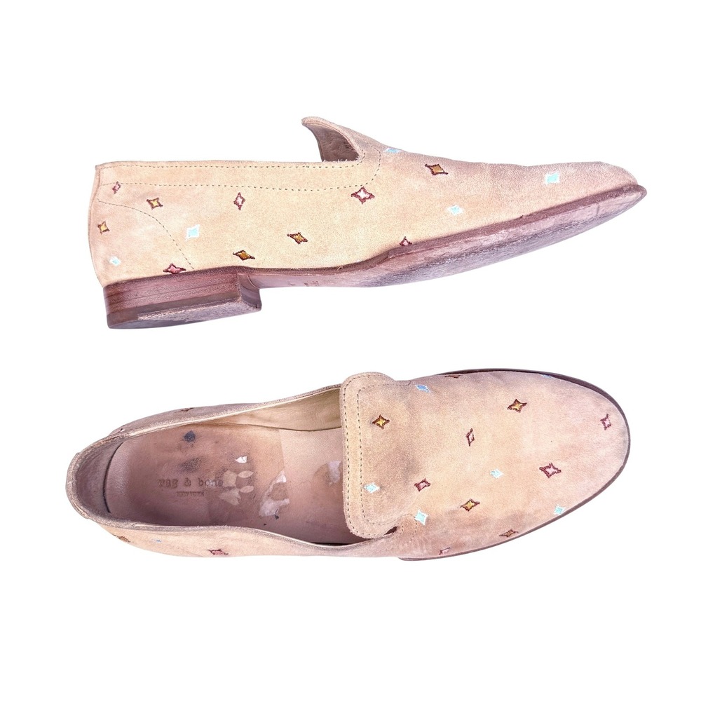 Rag & Bone Embroidered Suede Loafers Size 36.5 Tan Slip-On Flats Boho Lucky